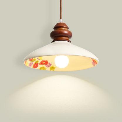 Traditional French Fan-shaped Flower Pattern Rubberwood Ceramic 1-Light Pendant Light For Living Room