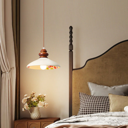 Traditional French Fan-shaped Flower Pattern Rubberwood Ceramic 1-Light Pendant Light For Living Room
