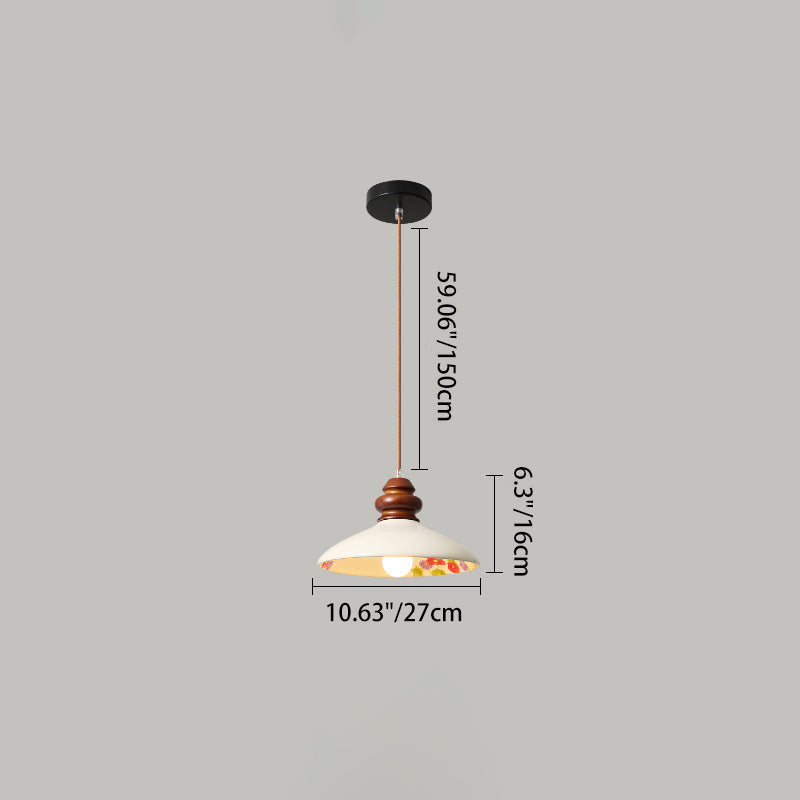 Traditional French Fan-shaped Flower Pattern Rubberwood Ceramic 1-Light Pendant Light For Living Room