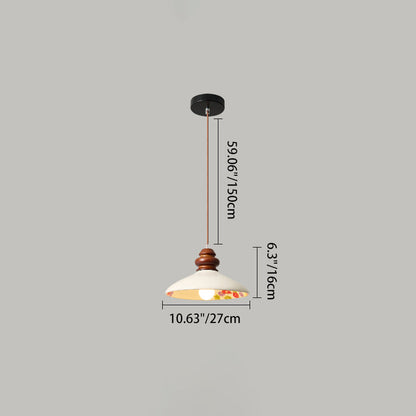 Traditional French Fan-shaped Flower Pattern Rubberwood Ceramic 1-Light Pendant Light For Living Room