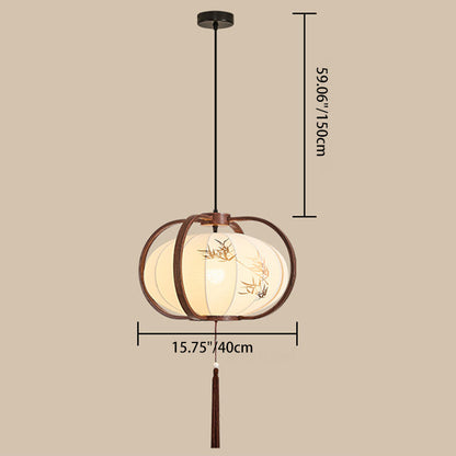 Traditional Chinese Geometric Lantern Iron Fabric 1-Light Pendant Light For Living Room