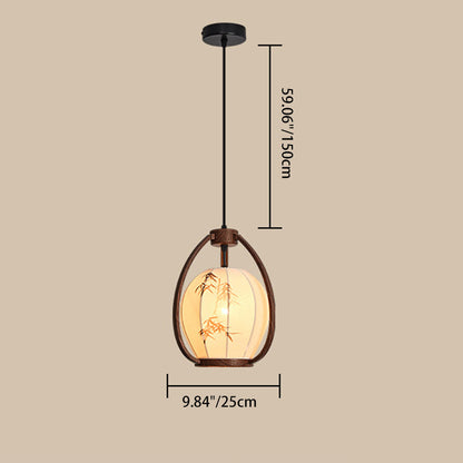 Traditional Chinese Geometric Lantern Iron Fabric 1-Light Pendant Light For Living Room