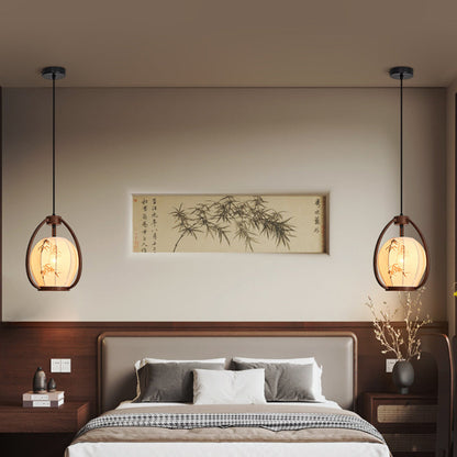 Traditional Chinese Geometric Lantern Iron Fabric 1-Light Pendant Light For Living Room