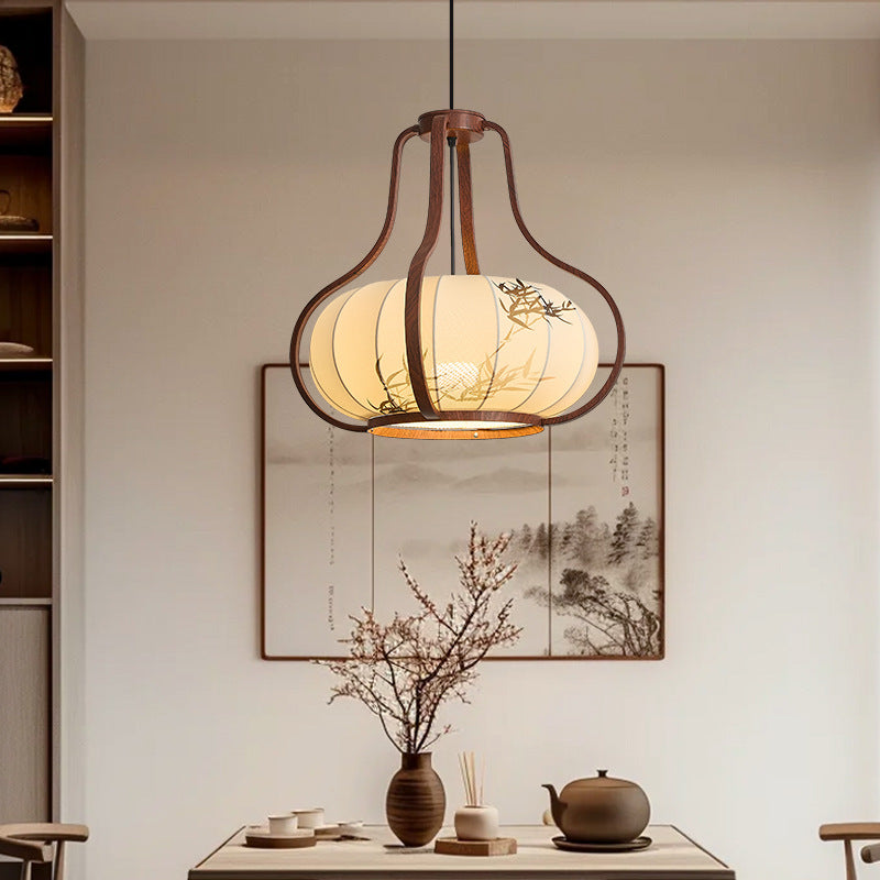 Traditional Chinese Geometric Lantern Iron Fabric 1-Light Pendant Light For Living Room