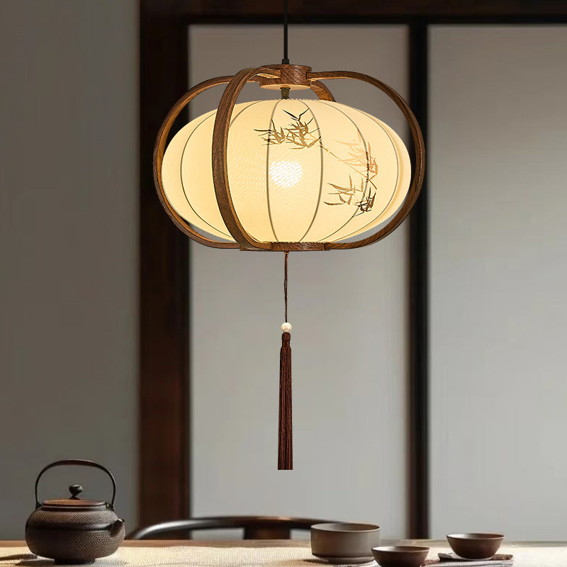 Traditional Chinese Geometric Lantern Iron Fabric 1-Light Pendant Light For Living Room
