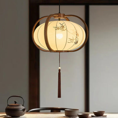 Traditional Chinese Geometric Lantern Iron Fabric 1-Light Pendant Light For Living Room