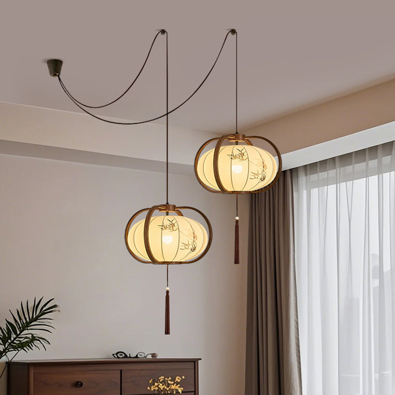 Traditional Chinese Geometric Lantern Iron Fabric 2-Light Chandelier For Living Room & Dining Room