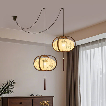 Traditional Chinese Geometric Lantern Iron Fabric 2-Light Chandelier For Living Room & Dining Room