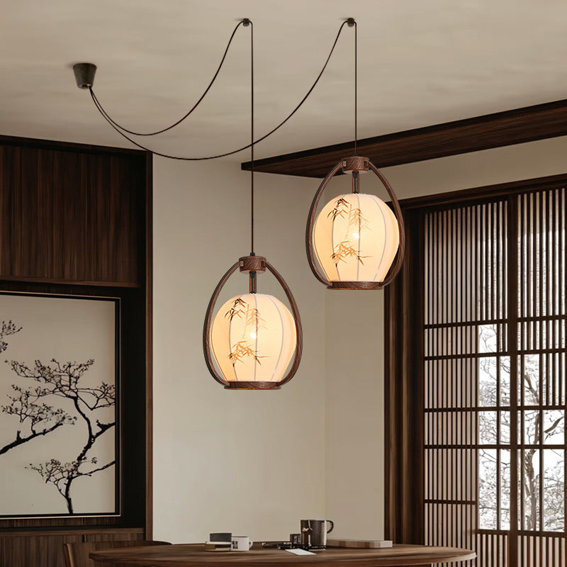 Traditional Chinese Geometric Lantern Iron Fabric 2-Light Chandelier For Living Room & Dining Room
