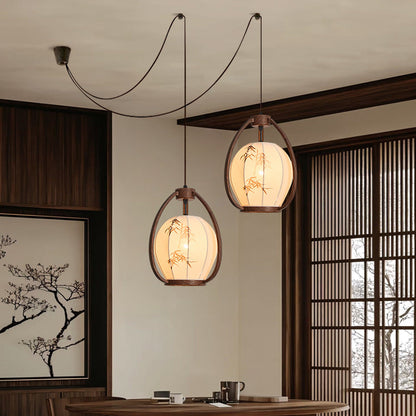 Traditional Chinese Geometric Lantern Iron Fabric 2-Light Chandelier For Living Room & Dining Room