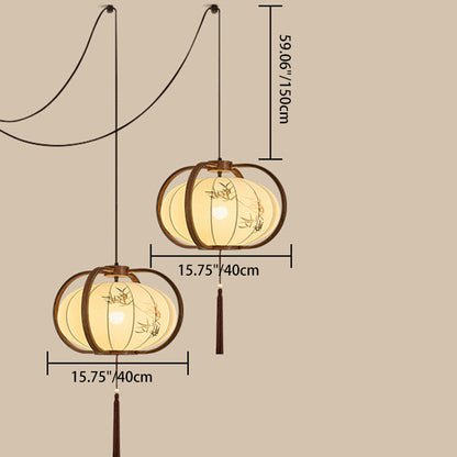 Traditional Chinese Geometric Lantern Iron Fabric 2-Light Chandelier For Living Room & Dining Room