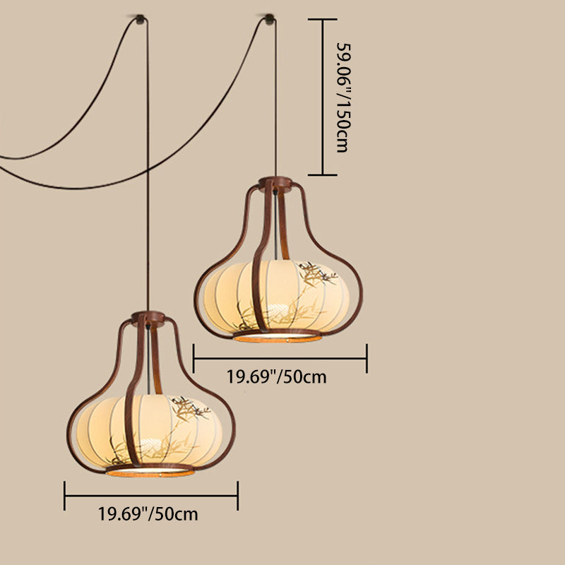 Traditional Chinese Geometric Lantern Iron Fabric 2-Light Chandelier For Living Room & Dining Room