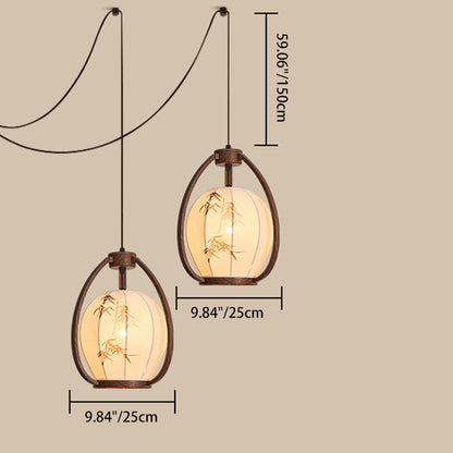 Traditional Chinese Geometric Lantern Iron Fabric 2-Light Chandelier For Living Room & Dining Room