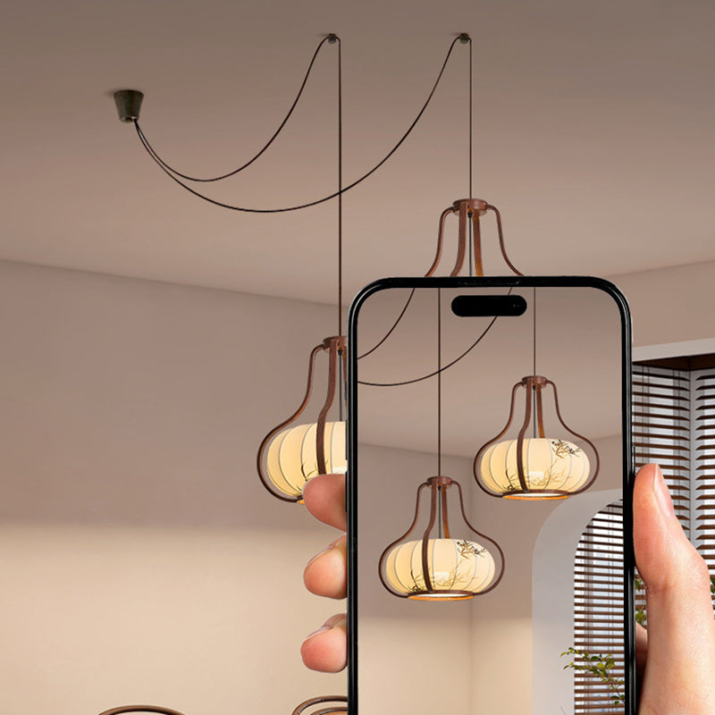 Traditional Chinese Geometric Lantern Iron Fabric 2-Light Chandelier For Living Room & Dining Room