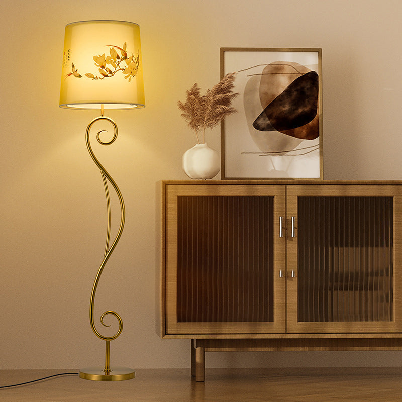 Traditional Chinese Iron Fabric Lantern 1-Light Standing Floor Lamp For Living Room