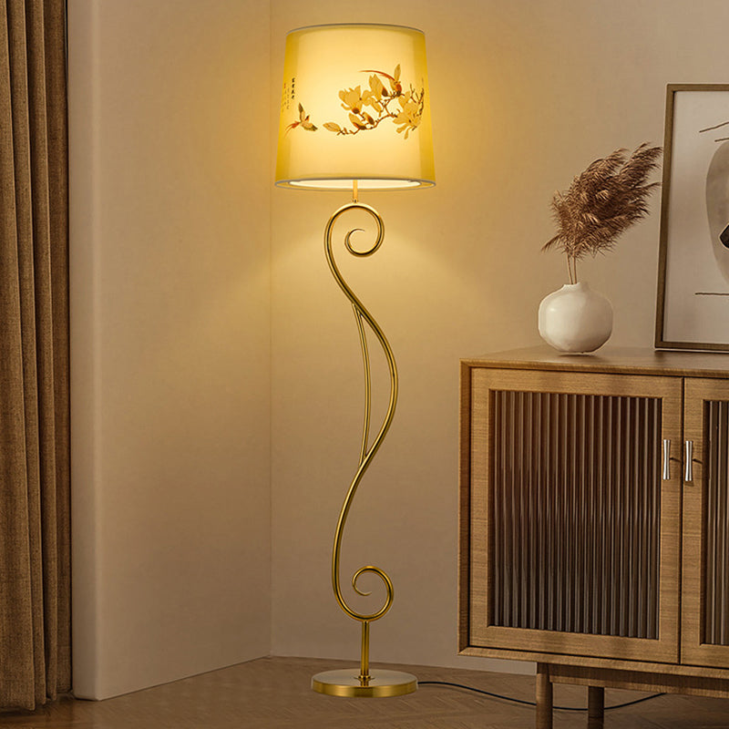 Traditional Chinese Iron Fabric Lantern 1-Light Standing Floor Lamp For Living Room
