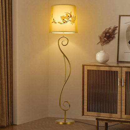 Traditional Chinese Iron Fabric Lantern 1-Light Standing Floor Lamp For Living Room