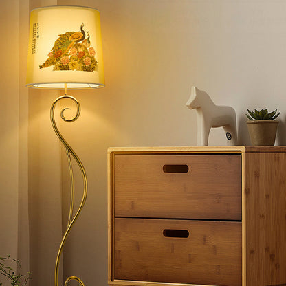 Traditional Chinese Iron Fabric Lantern 1-Light Standing Floor Lamp For Living Room