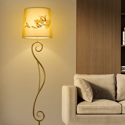 Traditional Chinese Iron Fabric Lantern 1-Light Standing Floor Lamp For Living Room