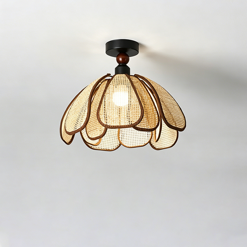 Traditional Japanese Hardware Rattan Weaving Petal 1-Light Semi-Flush Mount Ceiling Light For Hallway