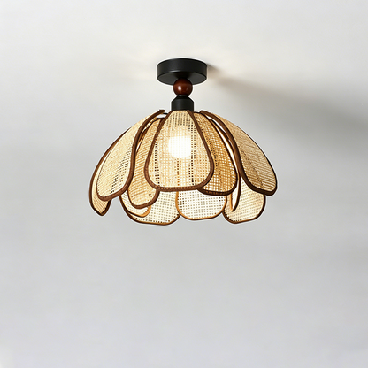 Traditional Japanese Hardware Rattan Weaving Petal 1-Light Semi-Flush Mount Ceiling Light For Hallway