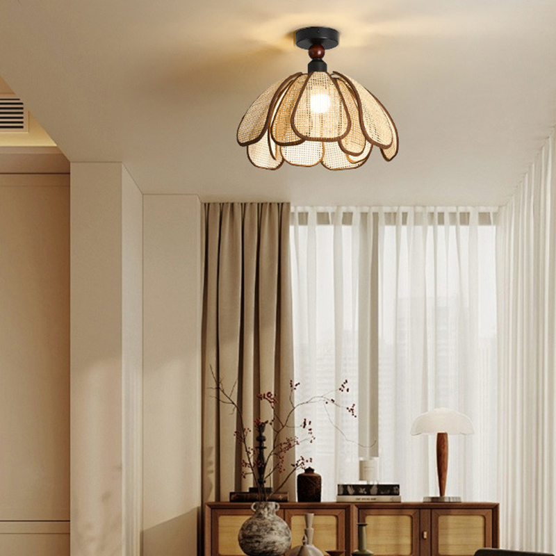 Traditional Japanese Hardware Rattan Weaving Petal 1-Light Semi-Flush Mount Ceiling Light For Hallway