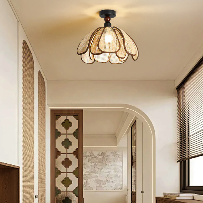 Traditional Japanese Hardware Rattan Weaving Petal 1-Light Semi-Flush Mount Ceiling Light For Hallway