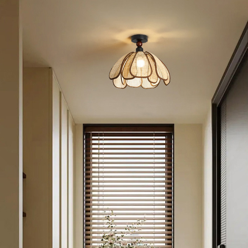 Traditional Japanese Hardware Rattan Weaving Petal 1-Light Semi-Flush Mount Ceiling Light For Hallway