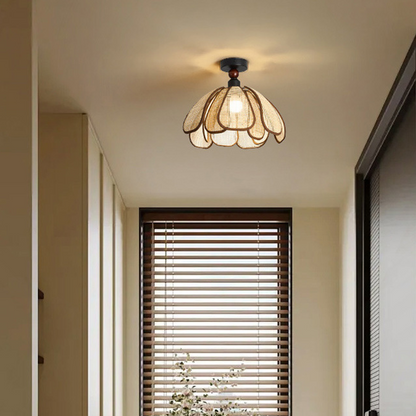 Traditional Japanese Hardware Rattan Weaving Petal 1-Light Semi-Flush Mount Ceiling Light For Hallway