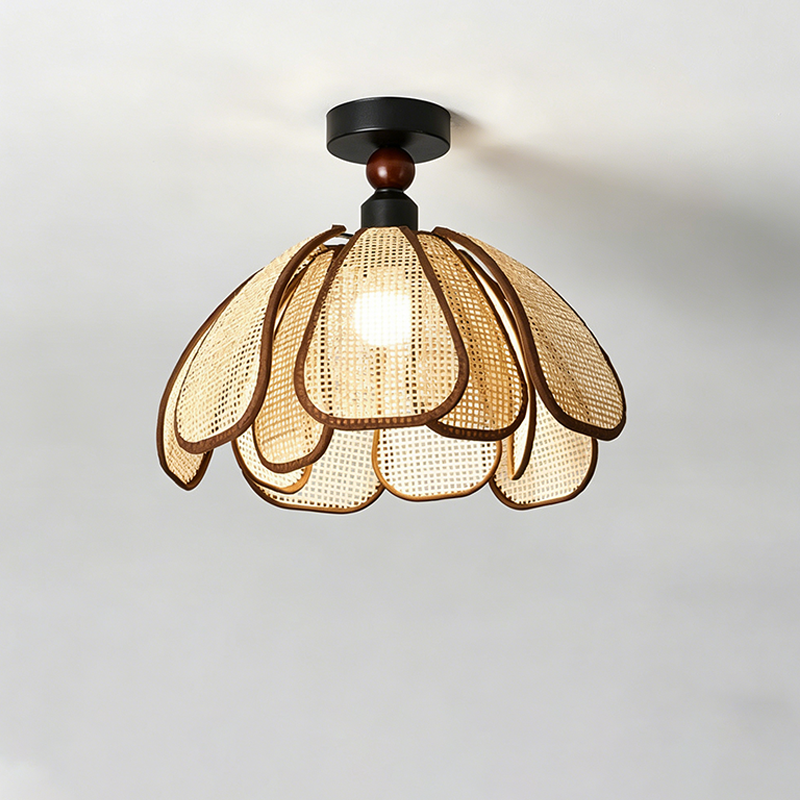 Traditional Japanese Hardware Rattan Weaving Petal 1-Light Semi-Flush Mount Ceiling Light For Hallway