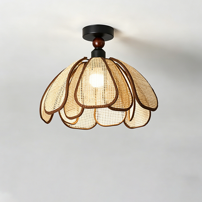Traditional Japanese Hardware Rattan Weaving Petal 1-Light Semi-Flush Mount Ceiling Light For Hallway