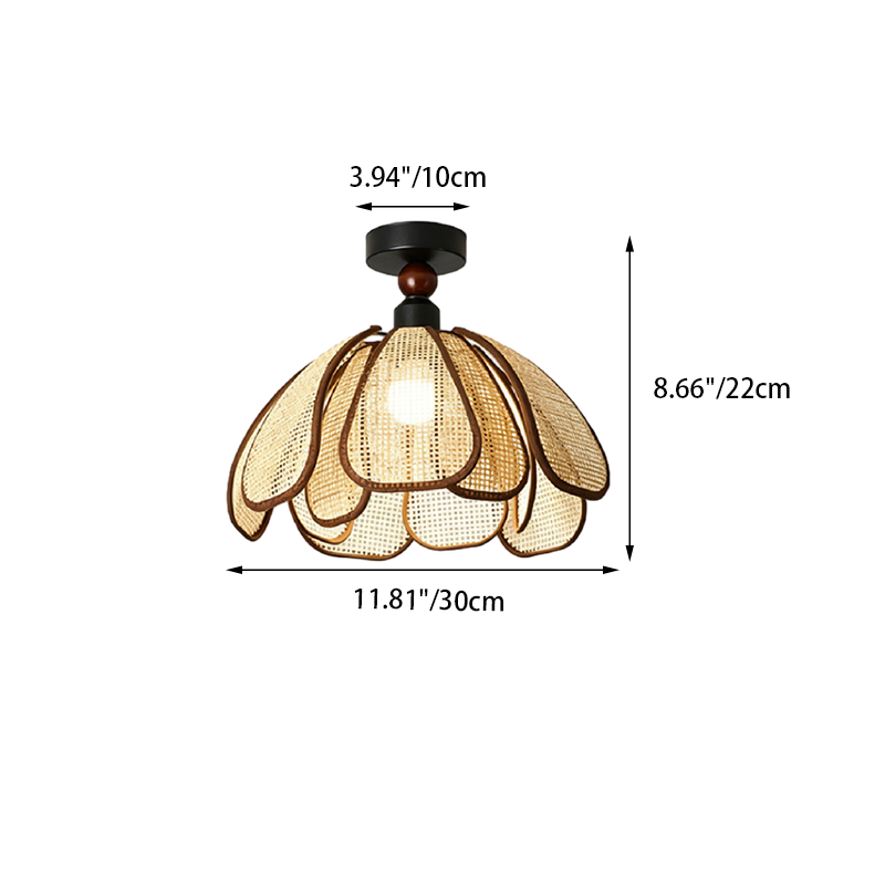 Traditional Japanese Hardware Rattan Weaving Petal 1-Light Semi-Flush Mount Ceiling Light For Hallway