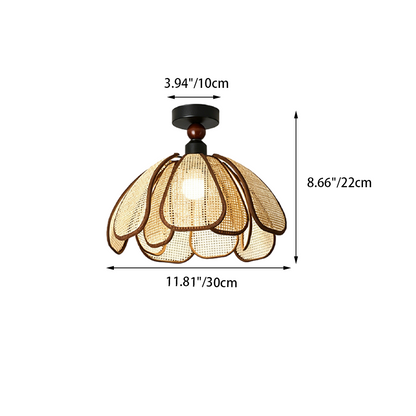 Traditional Japanese Hardware Rattan Weaving Petal 1-Light Semi-Flush Mount Ceiling Light For Hallway