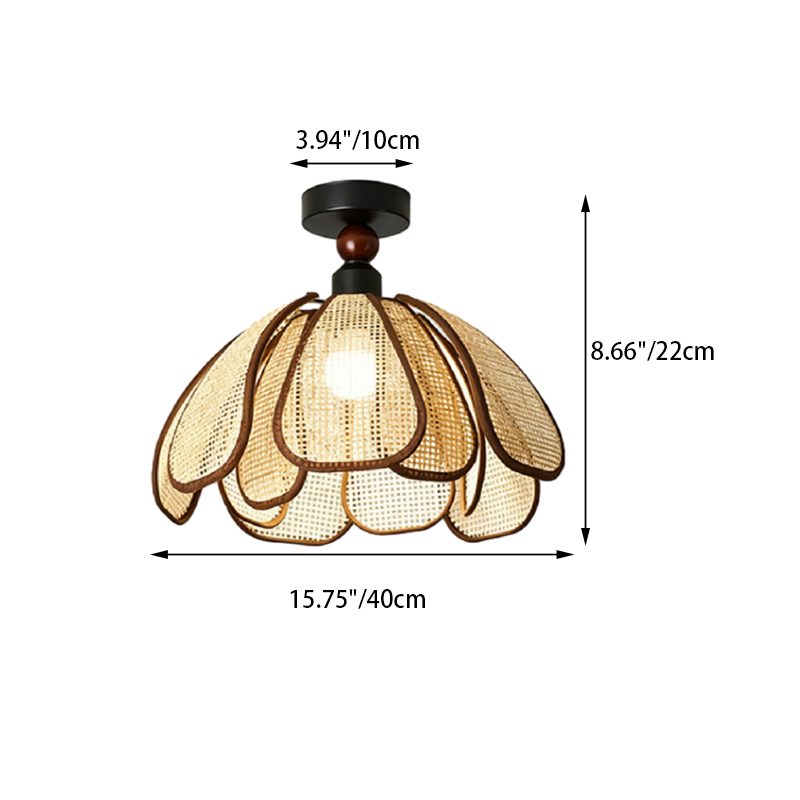 Traditional Japanese Hardware Rattan Weaving Petal 1-Light Semi-Flush Mount Ceiling Light For Hallway
