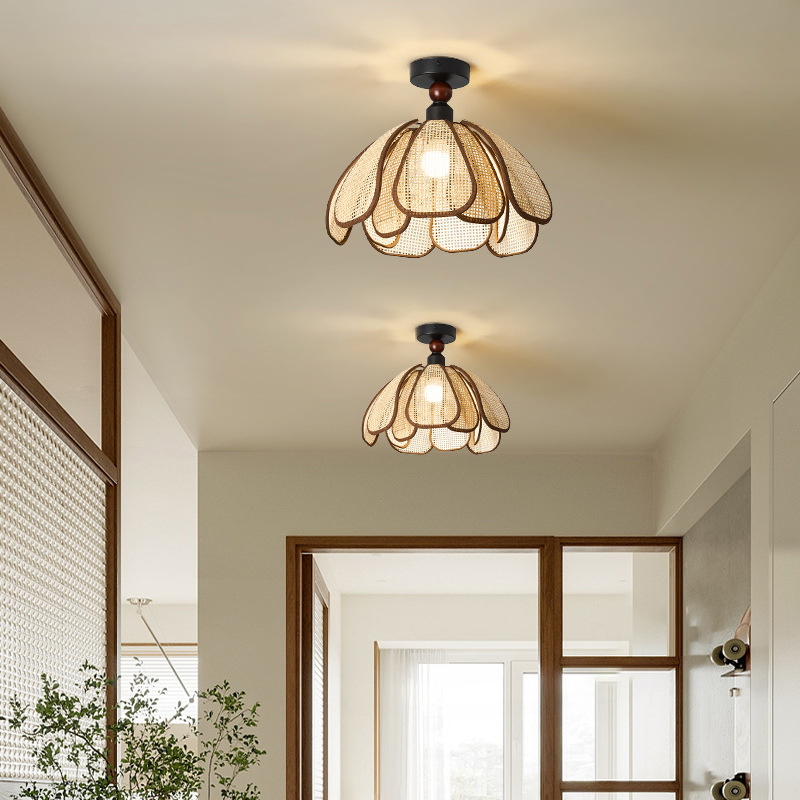 Traditional Japanese Hardware Rattan Weaving Petal 1-Light Semi-Flush Mount Ceiling Light For Hallway