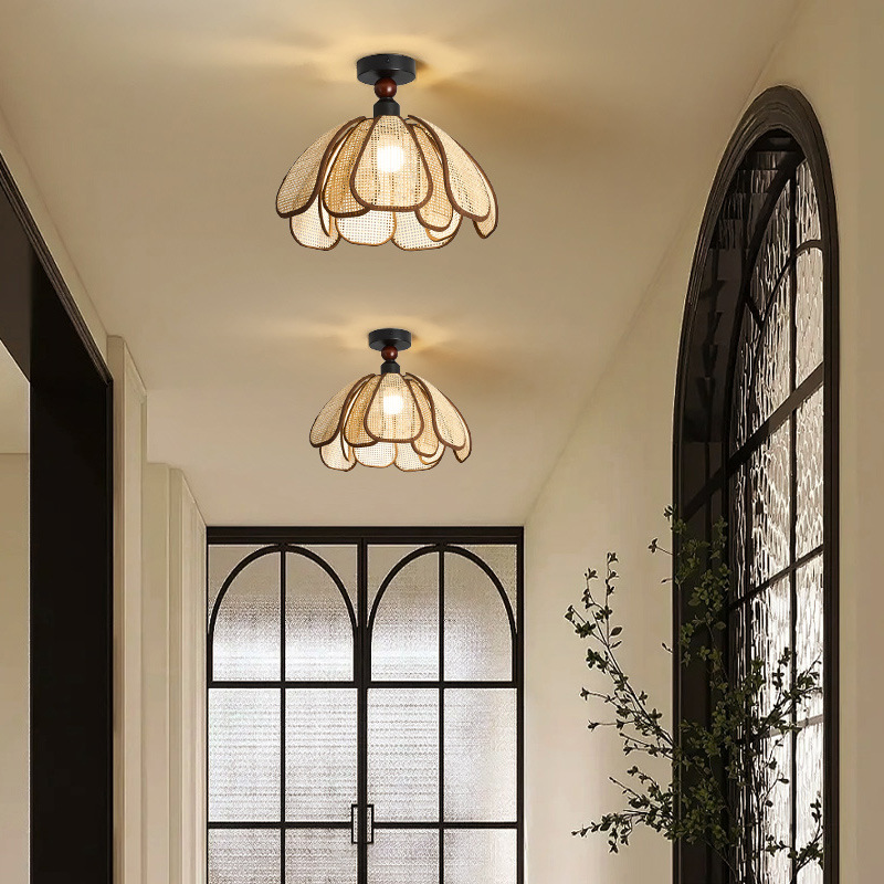 Traditional Japanese Hardware Rattan Weaving Petal 1-Light Semi-Flush Mount Ceiling Light For Hallway