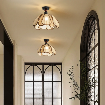 Traditional Japanese Hardware Rattan Weaving Petal 1-Light Semi-Flush Mount Ceiling Light For Hallway