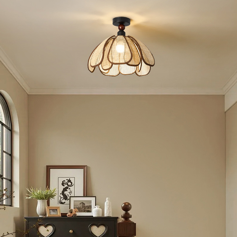 Traditional Japanese Hardware Rattan Weaving Petal 1-Light Semi-Flush Mount Ceiling Light For Hallway