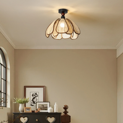 Traditional Japanese Hardware Rattan Weaving Petal 1-Light Semi-Flush Mount Ceiling Light For Hallway