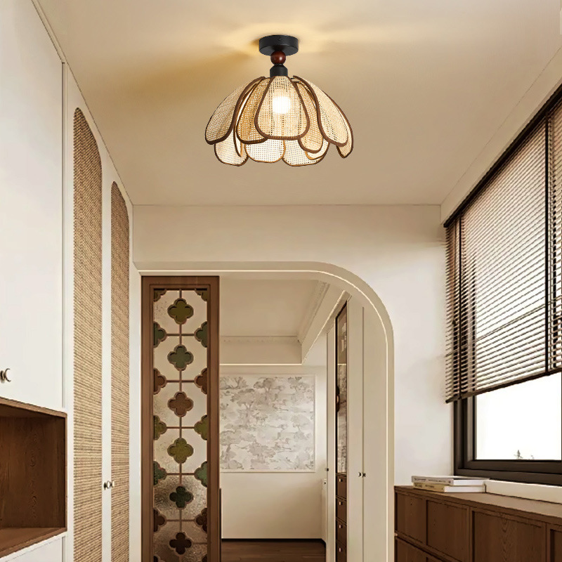 Traditional Japanese Hardware Rattan Weaving Petal 1-Light Semi-Flush Mount Ceiling Light For Hallway
