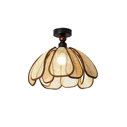 Traditional Japanese Hardware Rattan Weaving Petal 1-Light Semi-Flush Mount Ceiling Light For Hallway