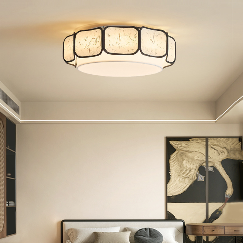 Traditional Chinese Iron Fabric Round 1-Light Flush Mount Ceiling Light For Living Room