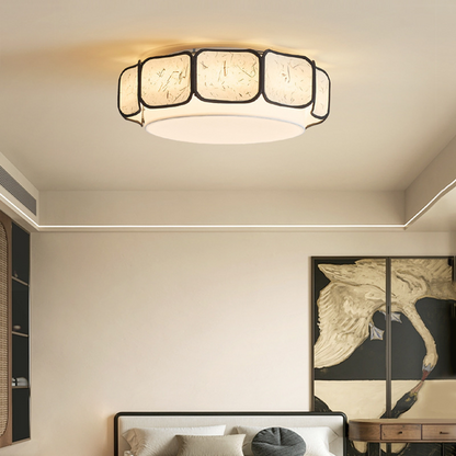Traditional Chinese Iron Fabric Round 1-Light Flush Mount Ceiling Light For Living Room