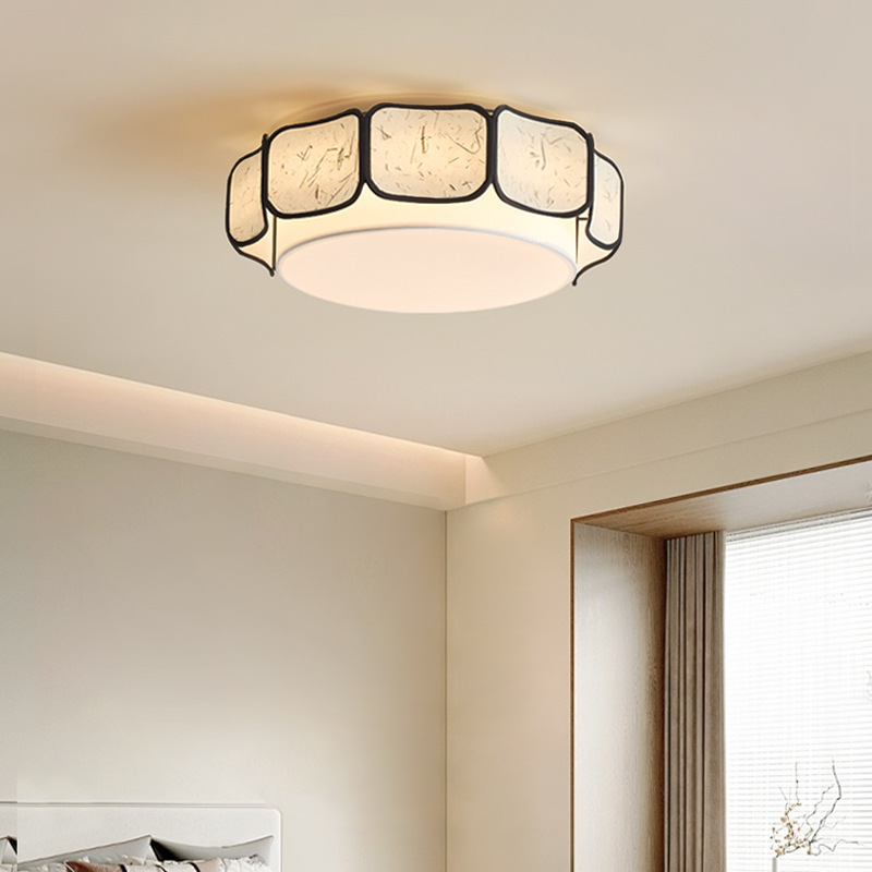 Traditional Chinese Iron Fabric Round 1-Light Flush Mount Ceiling Light For Living Room