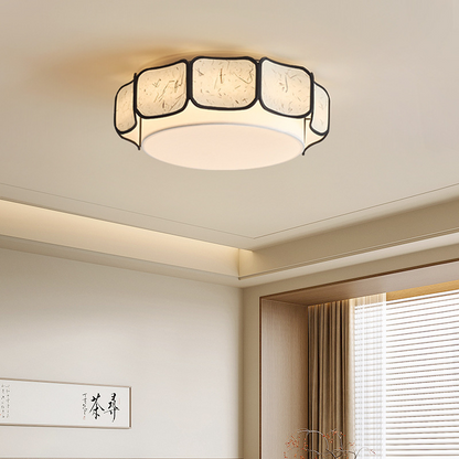 Traditional Chinese Iron Fabric Round 1-Light Flush Mount Ceiling Light For Living Room