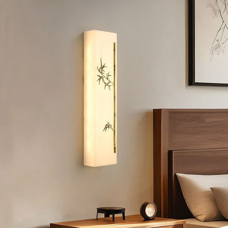Traditional Chinese Copper Marble Rectangular Bamboo Pattern LED Wall Sconce Lamp For Bedroom