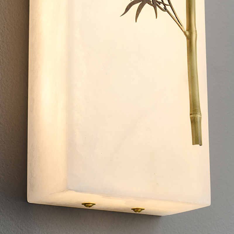 Traditional Chinese Copper Marble Rectangular Bamboo Pattern LED Wall Sconce Lamp For Bedroom