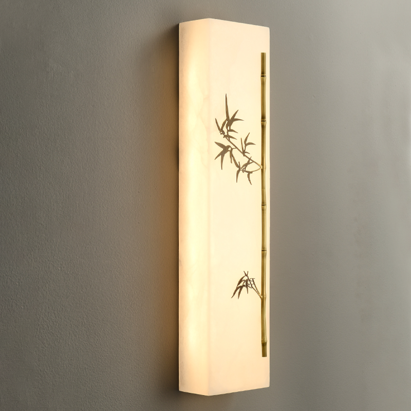 Traditional Chinese Copper Marble Rectangular Bamboo Pattern LED Wall Sconce Lamp For Bedroom