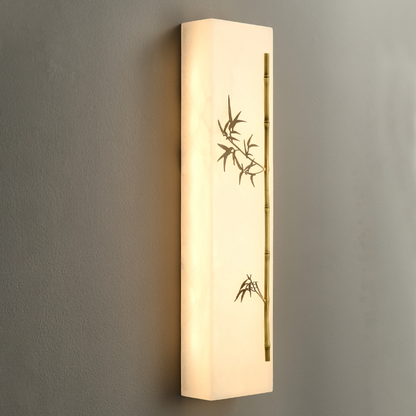 Traditional Chinese Copper Marble Rectangular Bamboo Pattern LED Wall Sconce Lamp For Bedroom