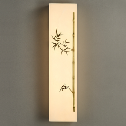 Traditional Chinese Copper Marble Rectangular Bamboo Pattern LED Wall Sconce Lamp For Bedroom